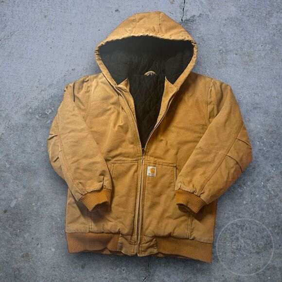 Carhartt Youth Hooded Duck Jacket Quilted Flannel Lined Brown XL (18-20)